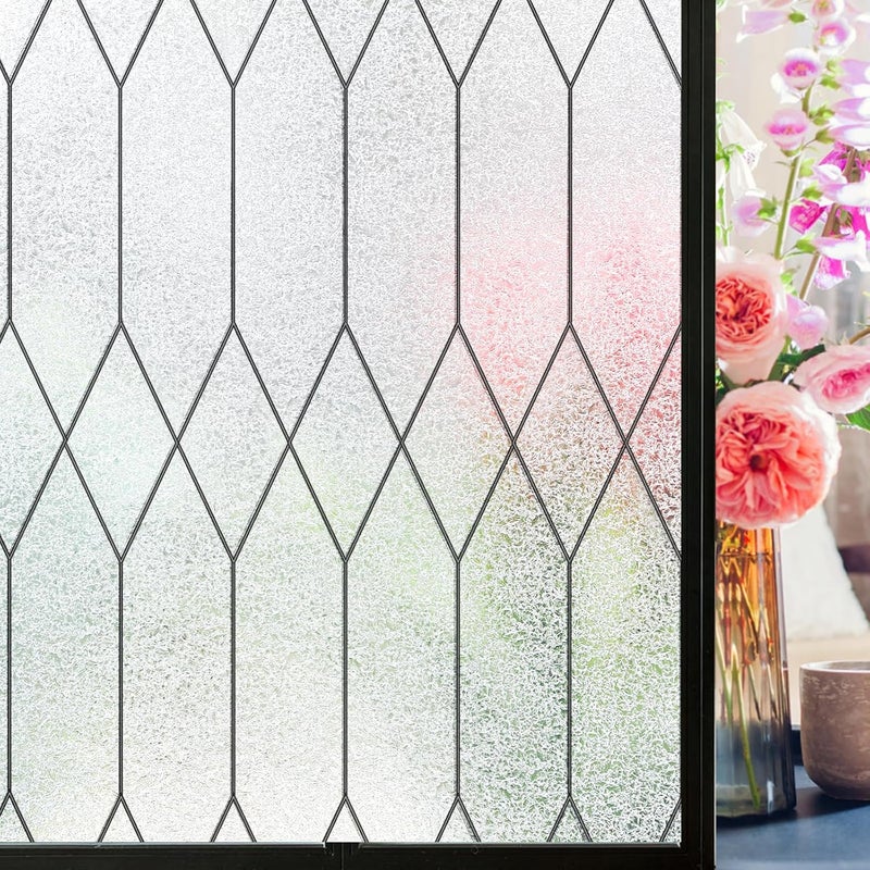 Windimiley Window Privacy Film Stained Glass Static Clings, Bathroom Frosted Leaded Decorative Window Stickers, UV Heat Blocking Opaque Removable for Home Door Coverings (23.6 x 118.1in,Pure) - Image 1